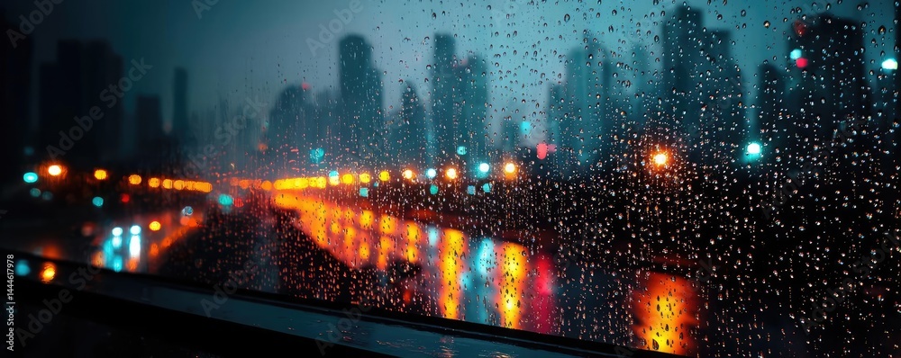Poster raindrop on a window combining rain, mood, and urban pattern concept. rainy cityscape at night with 