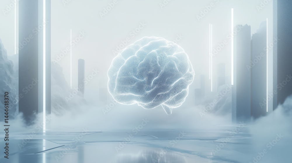 Poster Minimal abstract AI concept, soft gradients with wireframe brain, binary code and tech elements subtly integrated, modern and clean, white and blue tones, no people