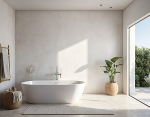 Fototapeta premium A spacious, elegant white bathtub sits invitingly in a bright, airy bathroom, surrounded by soft towels and decorative plants for a serene atmosphere.