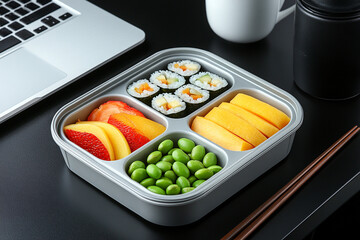 Office Desk with Fresh Homemade Lunch Box. Lunchbox with healthy meal top view