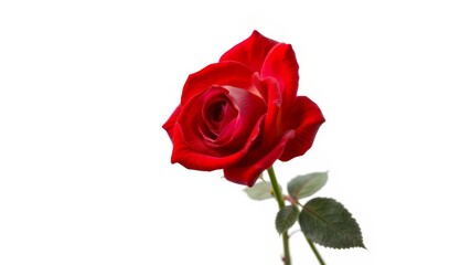 A single, perfectly formed deep red rose with green leaves stands elegantly isolated on a pure white background.