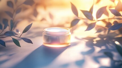 Serene skincare cream surrounded by soft foliage glow