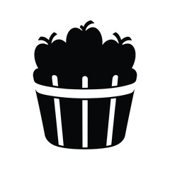 A Black and White Illustration of a Wooden Basket Filled with Apples