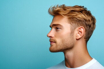 Fototapeta premium A confident man in a professional studio photo. Chic men's crew cut haircut - midlife white man with blond hair. Idea of style for aging men. Blue solid background.