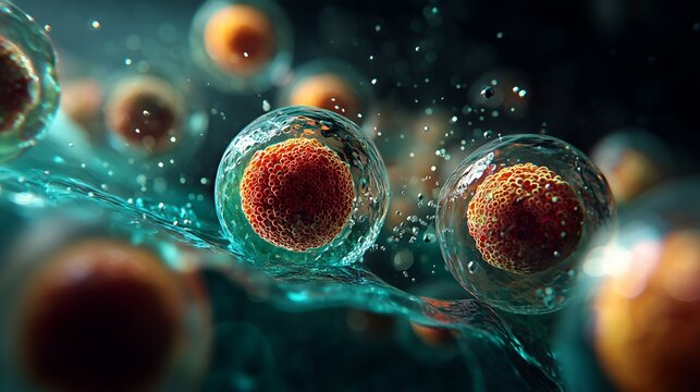 Microscopic view of cells in a fluid medium. Detailed viral cells.