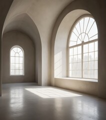 A spacious, elegantly framed large window adorned with sheer white curtains, allowing soft natural light to flood into the bright, airy room.