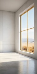Fototapeta premium A spacious, floor-to-ceiling window adorned with sheer white curtains, allowing abundant natural light to flood the room, creating an airy atmosphere.