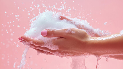 Fototapeta premium Woman washing her hands with soap against a colored background to promote hygiene