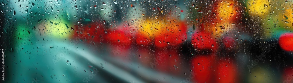 Poster raindrop on a window featuring sad city mood and water texture concept. raindrops on glass create a 
