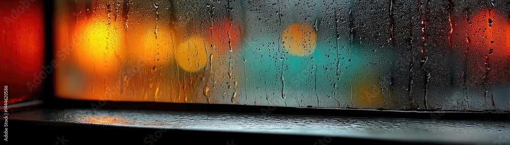 Aufkleber Raindrop on a window featuring sad city mood and water texture concept. Moody window view with raindrops and blurred city lights.