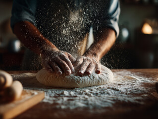 close-up of hands making pizza dough, artisan kitchen vibe