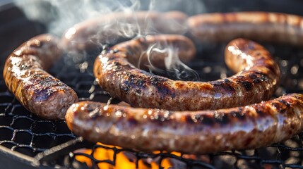 Close-up of sizzling sausages grilling on a barbecue, emitting smoke.