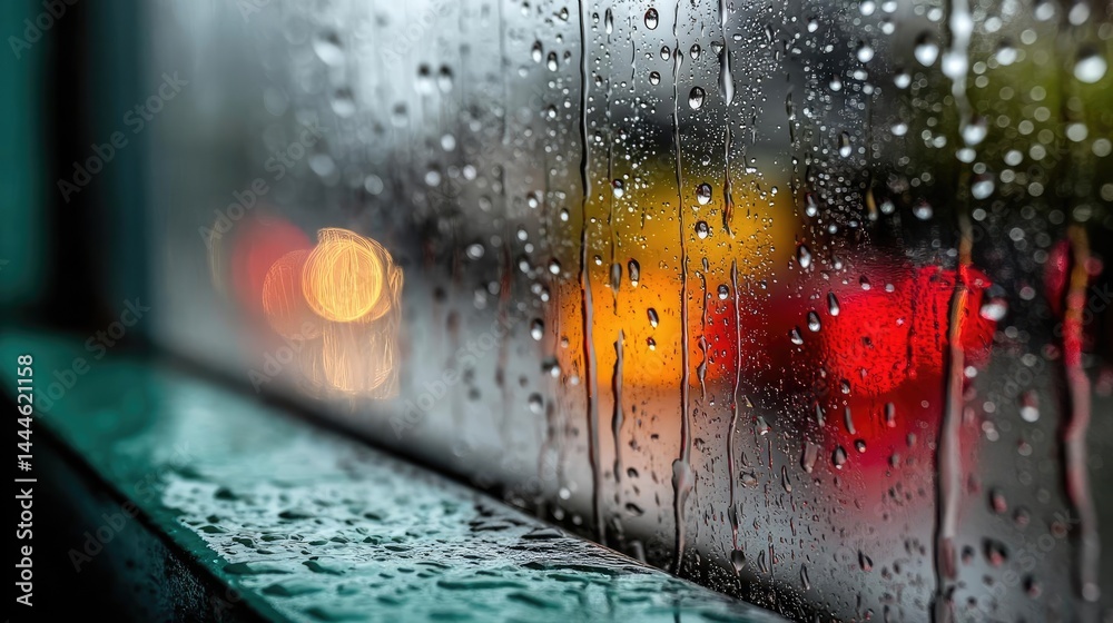 Aufkleber raindrop on a window featuring sad city mood and water texture concept. colorful rain-soaked window 