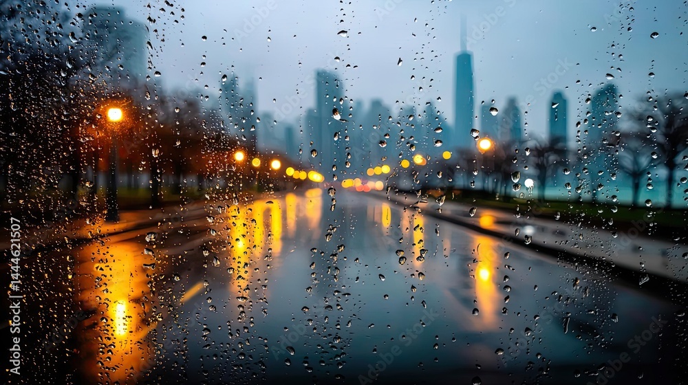 Poster raindrop on a window combining rain, mood, and urban pattern concept. city skyline reflecting in pud