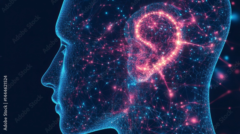 Poster abstract human head with glowing brain, representing intelligence, neural network, and digital mind.
