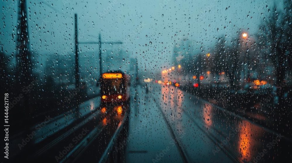 Aufkleber raindrop on a window featuring sad city mood and water texture concept. a bus traveling on a rainy c
