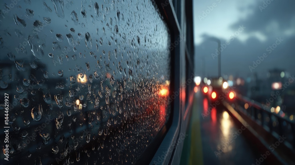 Poster raindrop on a window showing city landscape and emotional texture concept. raindrops on a window dur