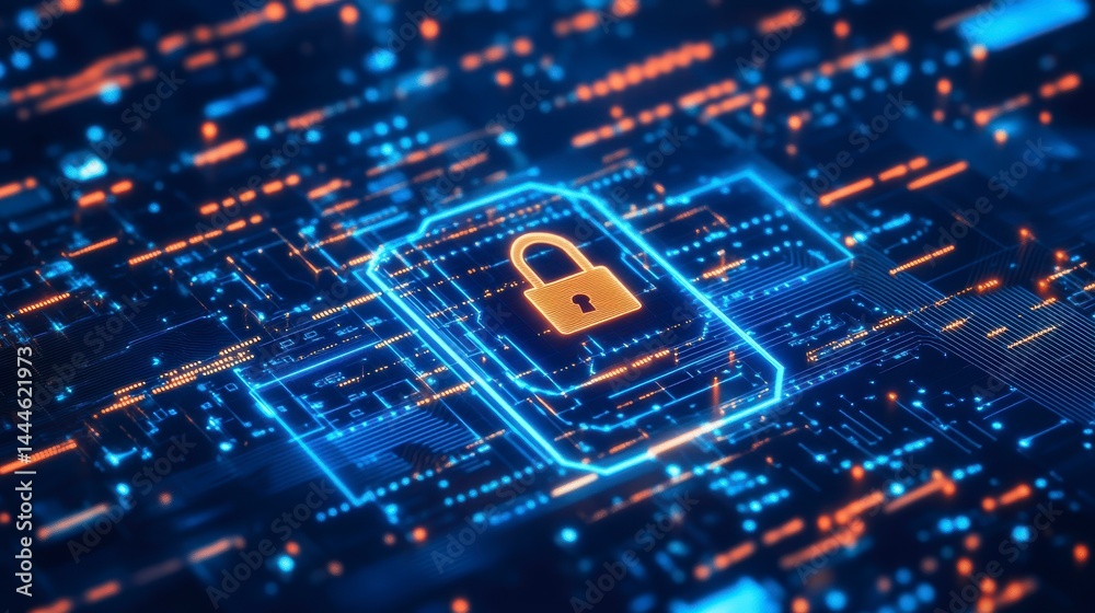 Poster Cyber security concept glowing padlock on a circuit board.