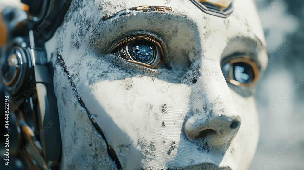 Aufkleber close-up of a weathered robotic face