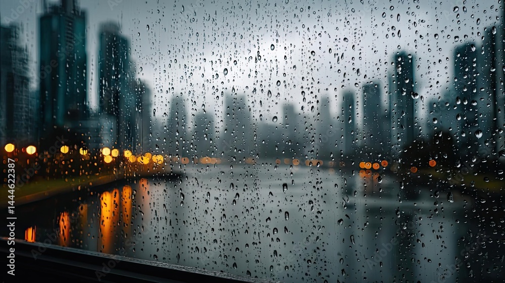 Poster raindrop on a window showing city landscape and emotional texture concept. rainy day view through a 