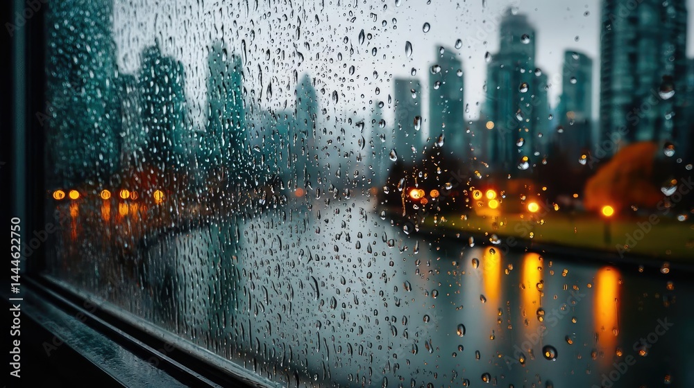 Poster raindrop on a window featuring sad city mood and water texture concept. view of a rainy cityscape th