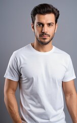 Fototapeta premium A cheerful man wearing a fitted white t-shirt stands confidently, smiling broadly at the camera, with a vibrant outdoor background enhancing the scene.