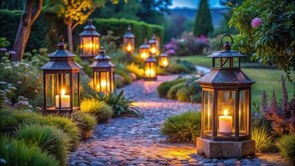 Fototapeta premium Lanterns lighting up a serene garden scene at dusk, lantern lighting