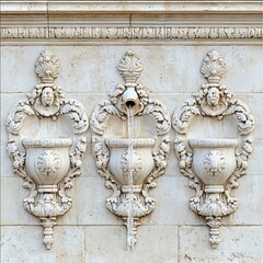 Decorative stone fountain wall with detailed carvings and flowing water in high resolution