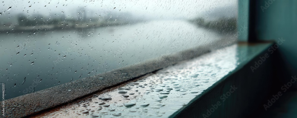 Poster Raindrop on a window showing city landscape and emotional texture concept. Raindrops on a window sill, evoking a calm and reflective mood.