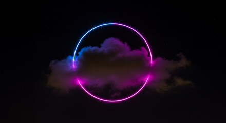 Obraz premium Stunning neon circle glowing over a dark cloud in a night sky with stars, creating a vibrant and futuristic abstract design with blue and pink colors.