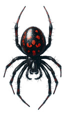 Obraz premium A close-up view of a black widow spider, showcasing its glossy body and striking red markings.