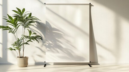 White blank retractable banner stand in a minimalist room with sunlight and plant.