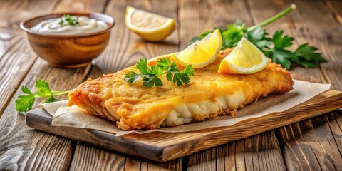 Fried Cod Fillet on Wooden Table, fish dish, wood table,  fish dish, wood table, fish, restaurant style