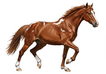 Obraz premium A chestnut pinto horse with white markings running on a white background in a digital illustration