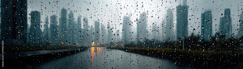 Poster raindrop on a window combining rain, mood, and urban pattern concept. rainy cityscape view with tall