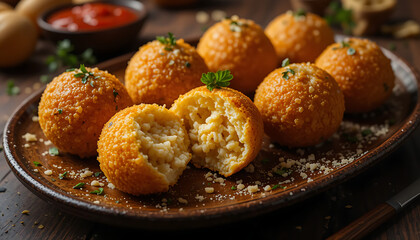 Golden-brown Sicilian arancini (fried rice balls) arranged on a rustic ceramic platter, with one cut open to reveal cheesy risotto filling. meatballs in tomato sauce