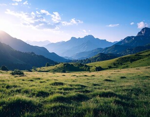 Fototapeta premium Nature grass meadow in the alps, mountain range in background