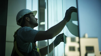 Construction Worker Installing Glass Panels