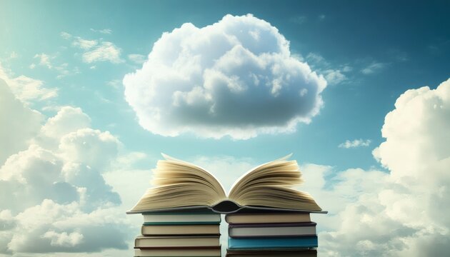 Open book resting on stack of books, cloud above, sky background.