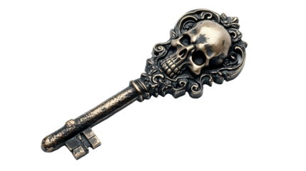 An antique key adorned with a skull design, symbolizing mystery and the passage to hidden secrets.
