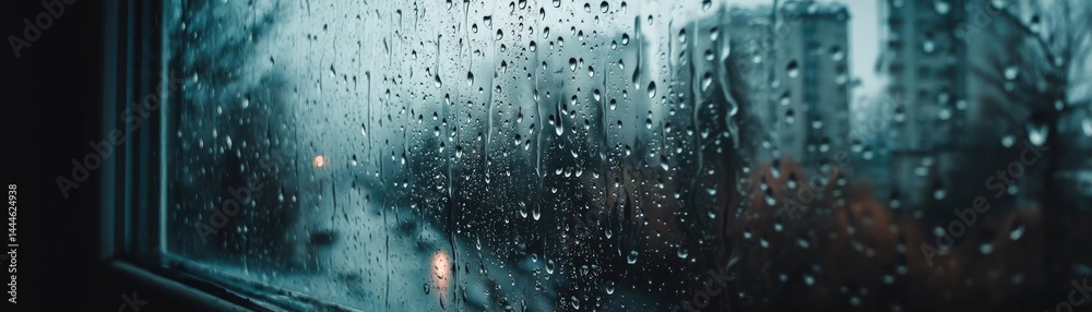 Poster raindrop on a window featuring sad city mood and water texture concept. a rainy day view through a w