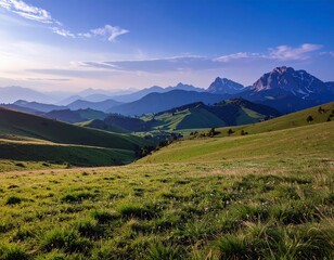 Obraz premium Nature grass meadow in the alps, mountain range in background