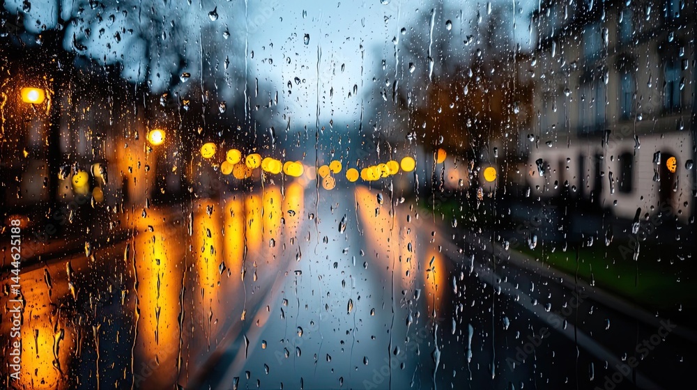 Poster Raindrop on a window combining rain, mood, and urban pattern concept. Raindrops on a windowpane create a serene city atmosphere.