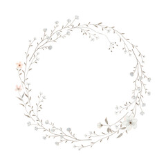 Watercolor floral frame of delicate abstract branches with flowers and plants, isolated hand-drawn print for invitation or greeting cards, wreath or background in provence style for your text.