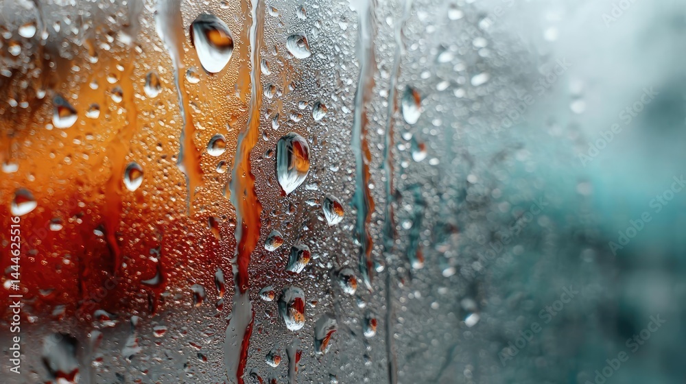 Aufkleber raindrop on a window featuring sad city mood and water texture concept. close-up of rain droplets on