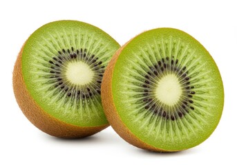 Fototapeta premium Two kiwi fruit halves showing the green flesh and black seeds on a white background studio shot