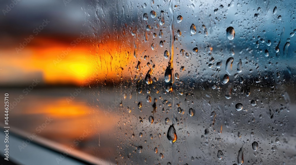 Poster raindrop on a window featuring sad city mood and water texture concept. raindrops on a window with a