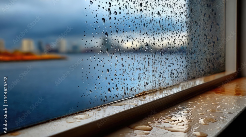 Poster Raindrop on a window featuring sad city mood and water texture concept. Raindrops on a windowpane with a blurred cityscape in the background.