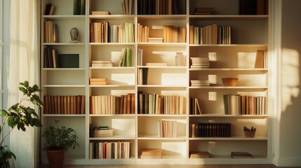 Obraz premium Large white bookshelf filled with books and decorative items illuminated by sunlight