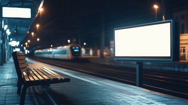 Empty train station platform at night with a blank billboard and a bench. - Powered by Adobe